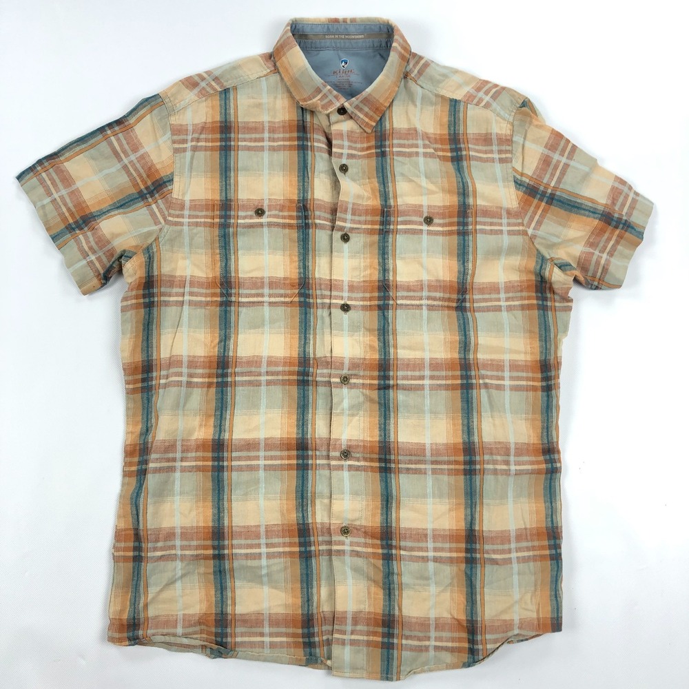 Kuhl Shirt Mens Large Short Sleeve Button Up Linen Blend Plaid